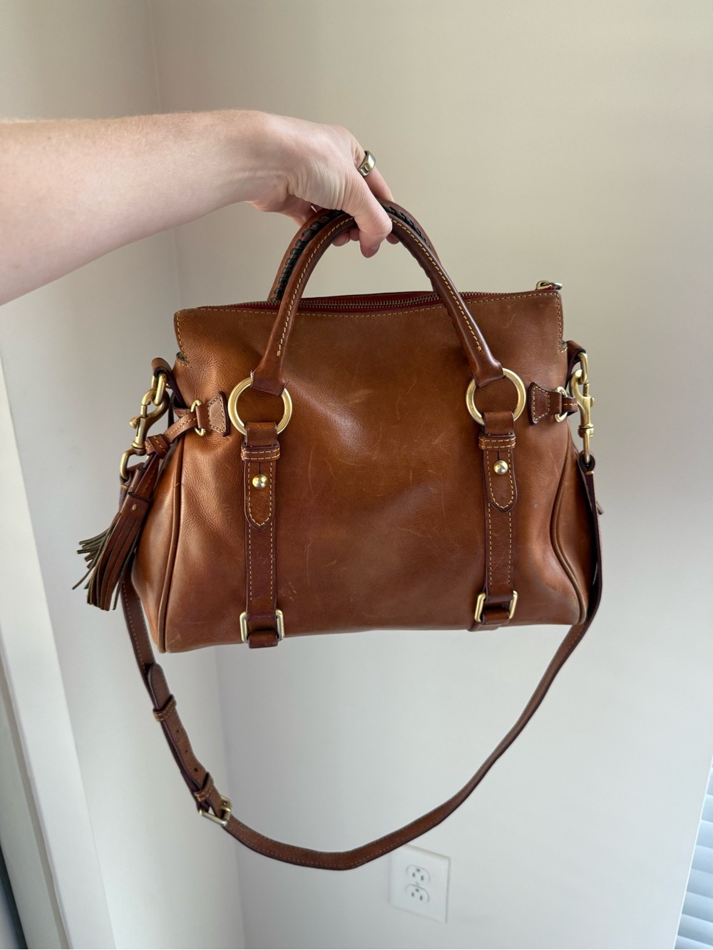 Dooney & Bourke Cognac Leather Tote with Tassels - Picture 3 of 6